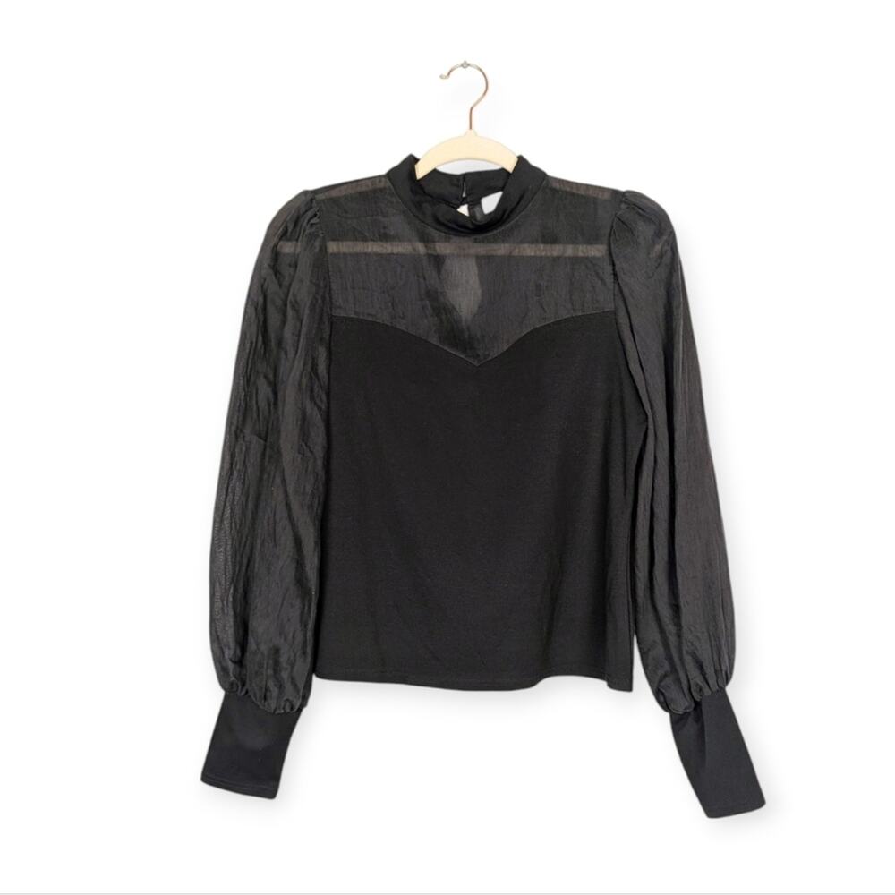 Anthropologie Flat White Black Semi Sheer Bishop Puff Sleeve Blouse Size S